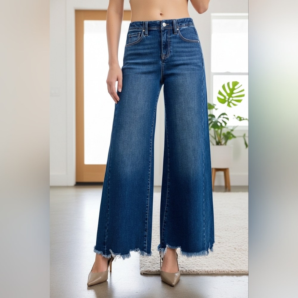 Risen High Rise Ultra Wide Leg Ankle Jeans Raw Frayed Hem Denim Relaxed Fit Pant - Picture 1 of 16